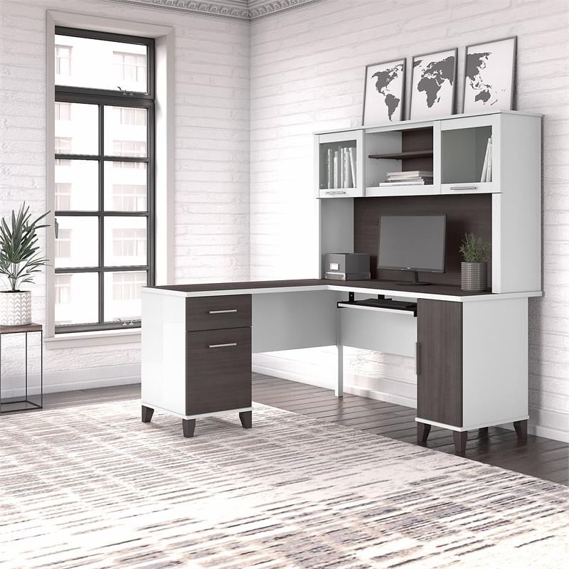 UrbanPro 60W L Shaped Desk with Hutch in White and Storm Gray - Engineered Wood