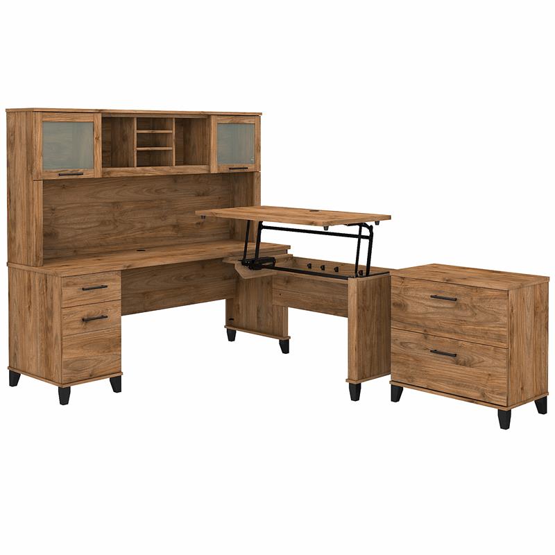 UrbanPro Sit-Stand L Desk Set with File Cabinet in Walnut - Engineered Wood