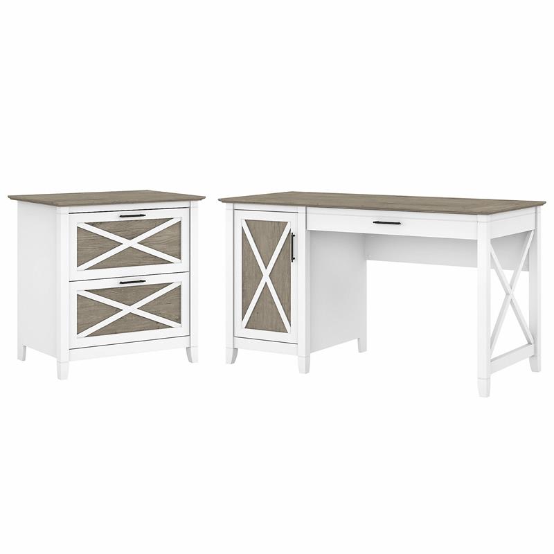 UrbanPro 54W Computer Desk with File Cabinet in White and Gray - Engineered Wood