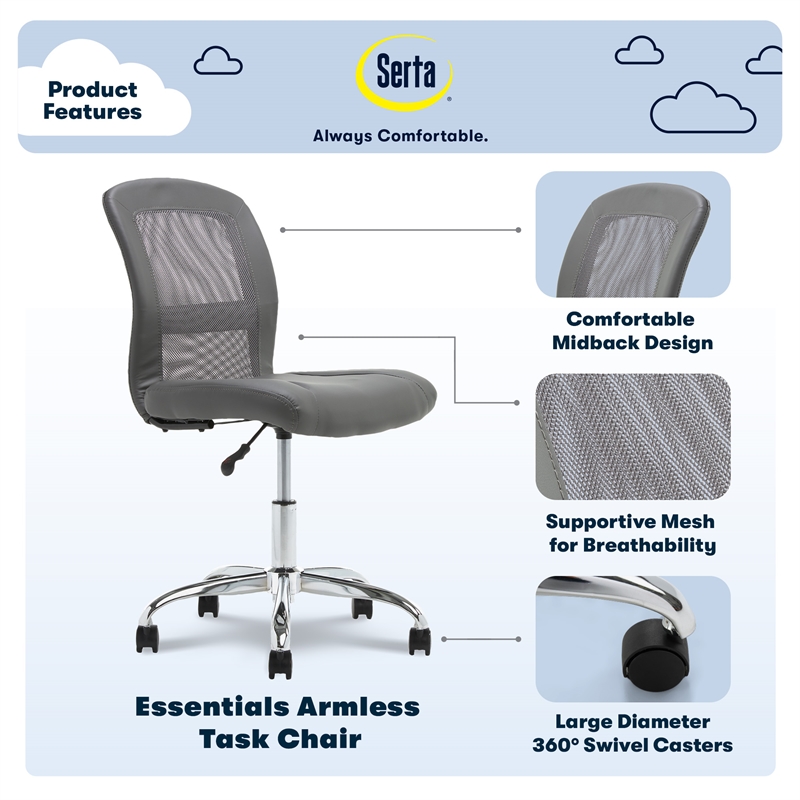 UrbanPro Essentials Ergonomic Armless Low-Back Computer Swivel Task Chair Gray
