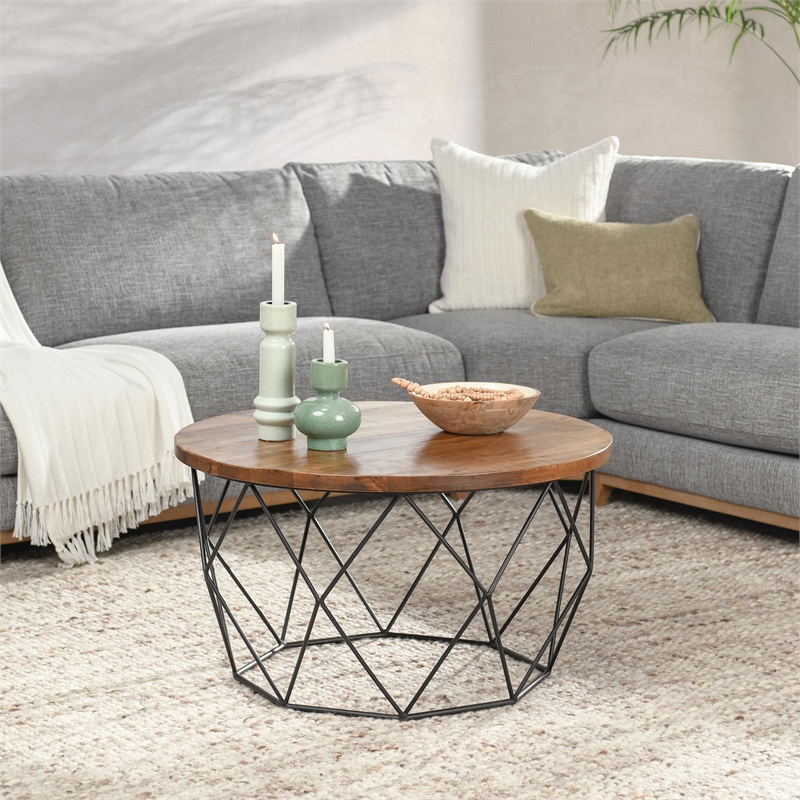Kosas Home Chester Round Wood and Iron Coffee Table in Chestnut Brown/Black