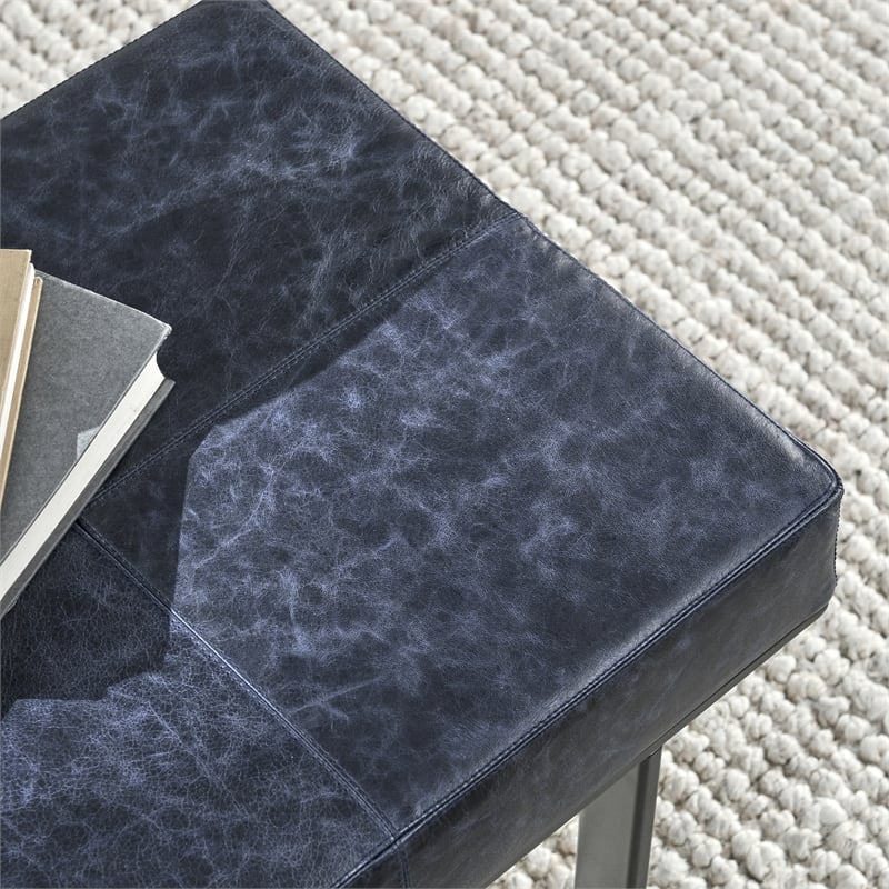Classic Home Calvin Transitional Genuine Leather Stool in Nightfall Blue