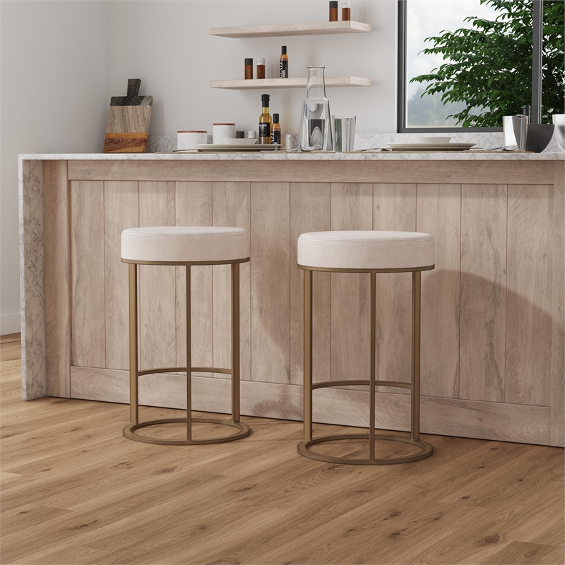 Classic Home Quinn Cotton Upholstery Counter Stool Natural White and Brass