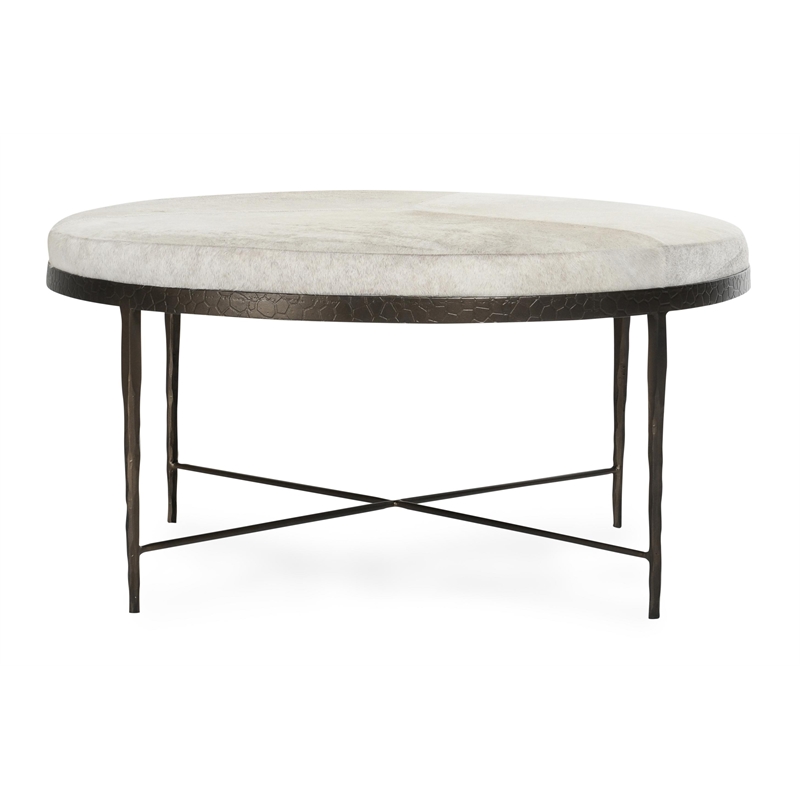 Classic Home Bose Leather Hide Round Cocktail Coffee Table in Ivory