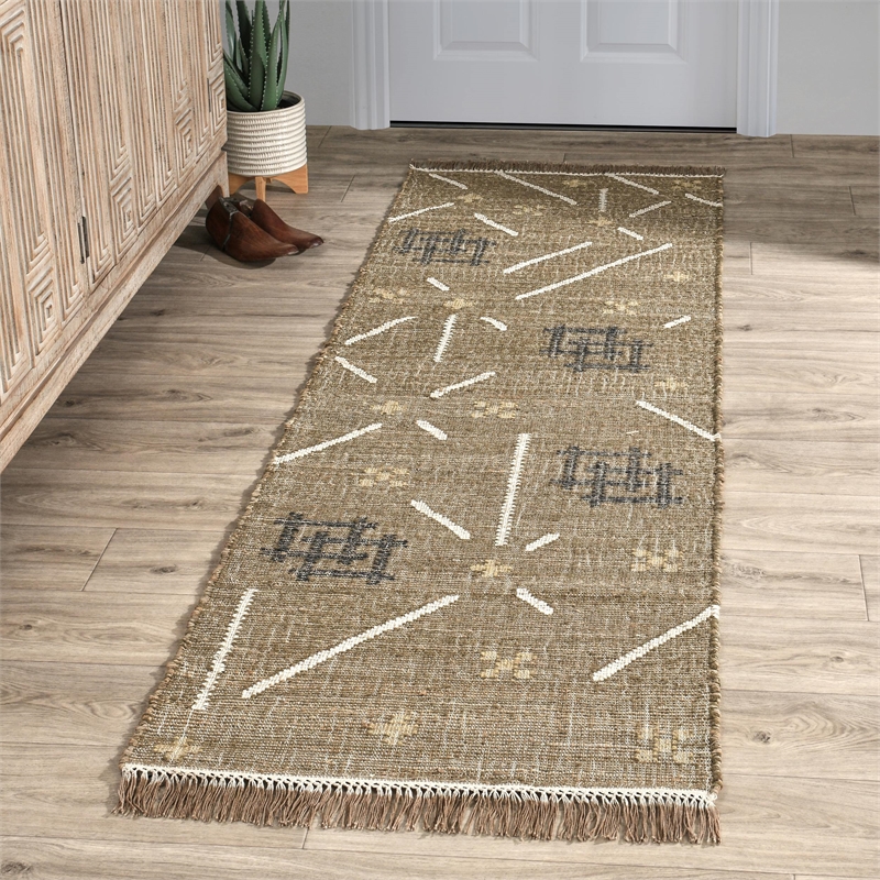 Belfast 2.6'x8' Wool Blend Geometric Pattern Handwoven Khaki Area Rug Runner