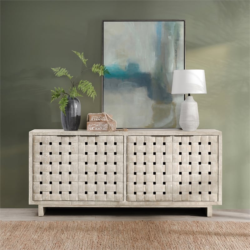 Classic Home Bast 4-Door Reclaimed Pine Wood Buffet Sideboard in Cream