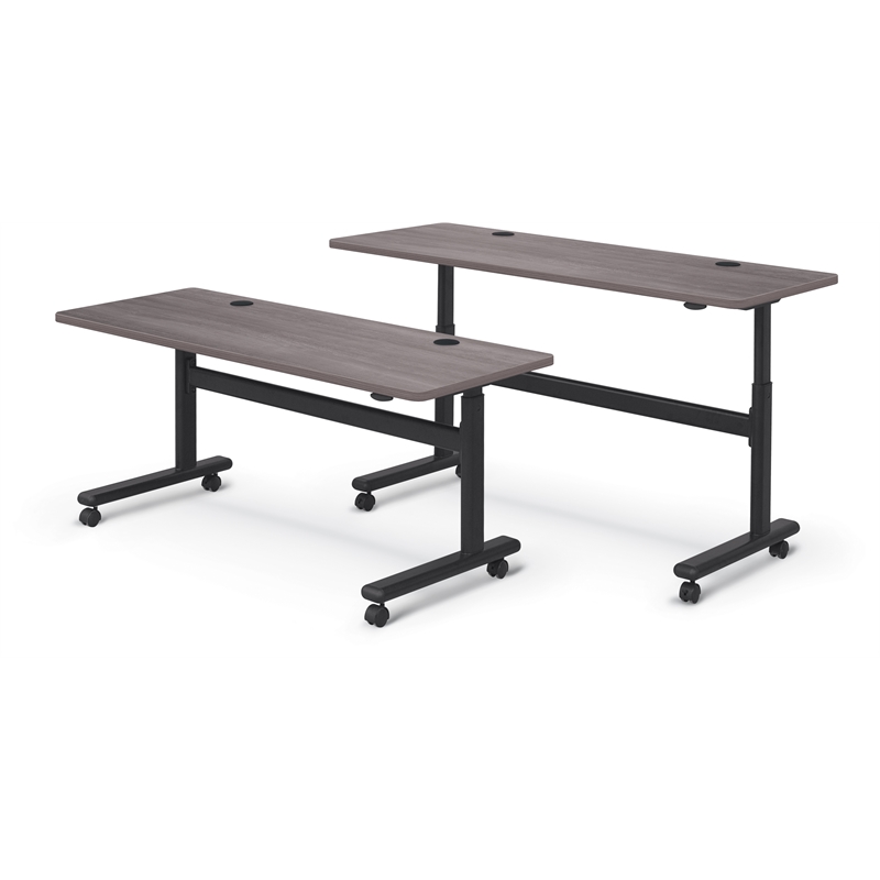 MooreCo Height Adjustable Flip Top Table 60x24 Sterling Ash Top Black Base