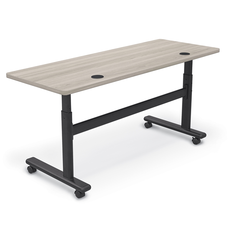 MooreCo Height Adjustable Flip Top Table 60x24 Grey Elm Top Black Base