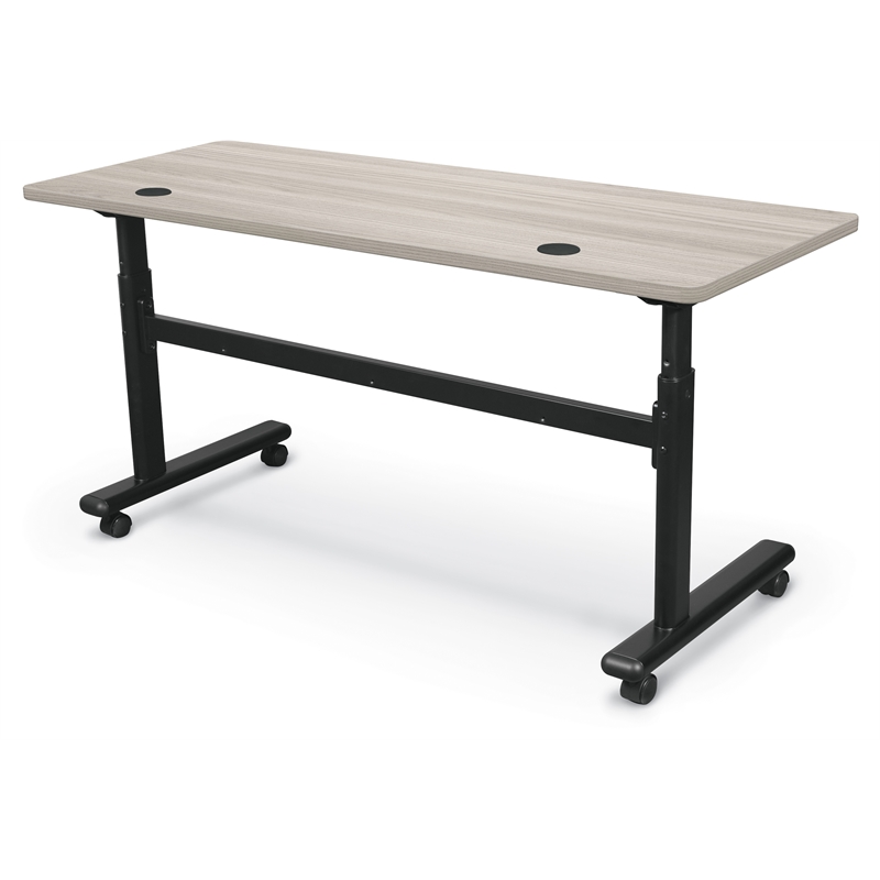 MooreCo Height Adjustable Flip Top Table 60x24 Grey Elm Top Black Base