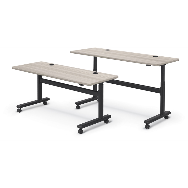 MooreCo Height Adjustable Flip Top Table 72x24 Grey Elm Top Black Base