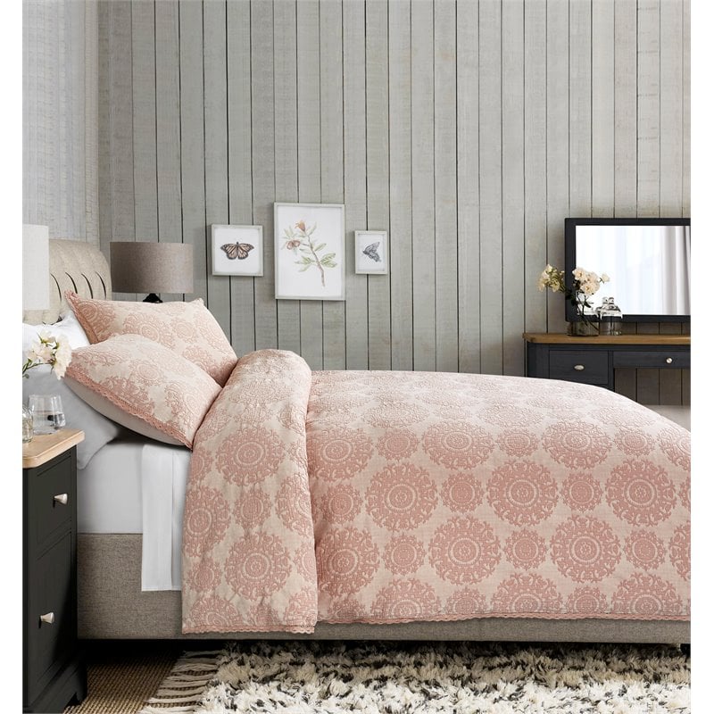 Michael Amini McKinley 3-piece Jacquard Cotton Queen Duvet Set in Quartz Pink