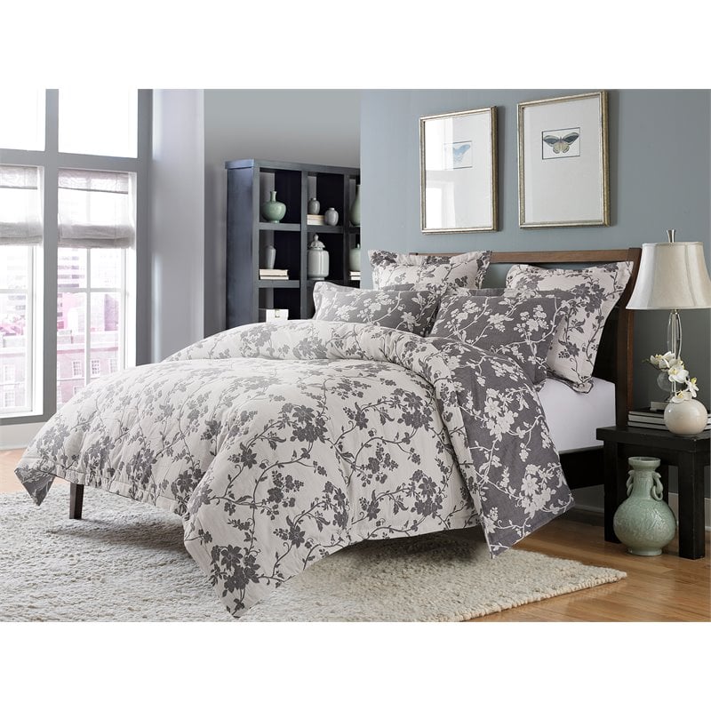 Michael Amini Mika 5-piece Floral Cotton Queen Duvet Set in Dove Gray/Silver