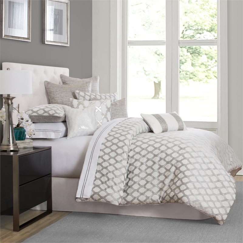 Michael Amini Newport 9-piece Fabric Queen Comforter Set in Gray/Platinum