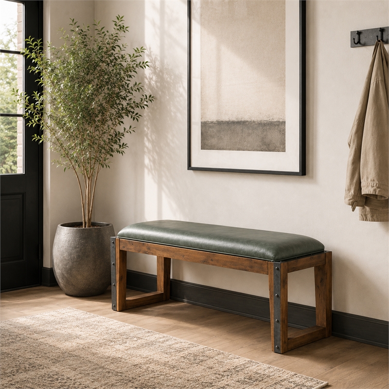 Michael Amini Brooklyn Walk Faux Leather Dining Bench in Gray & Burnt Umber