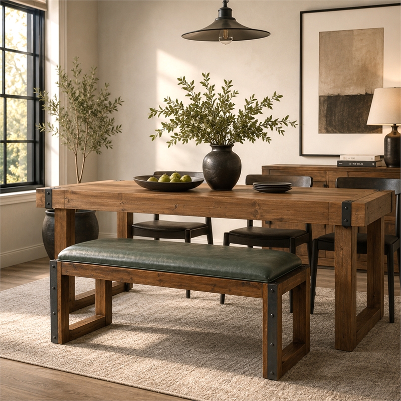 Michael Amini Brooklyn Walk Faux Leather Dining Bench in Gray & Burnt Umber