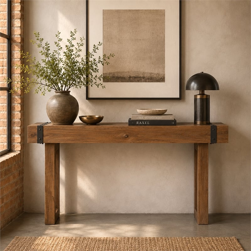 Michael Amini Brooklyn Walk Wood & Metal Console Table - Burnt Umber Brown
