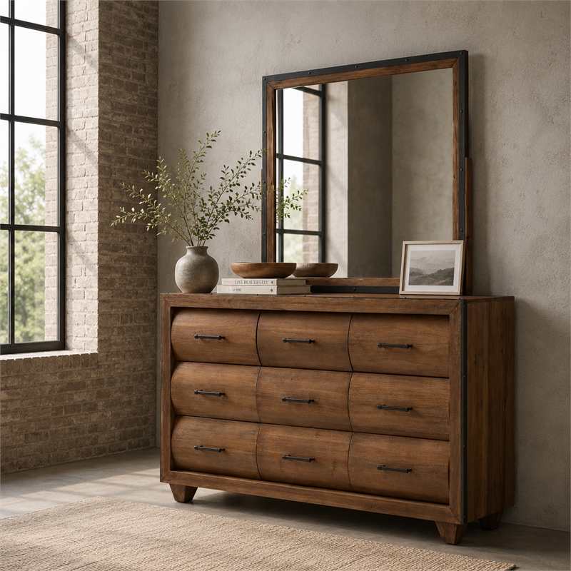 Michael Amini Brooklyn Walk Wood Dresser with Mirror - Burnt Umber Brown