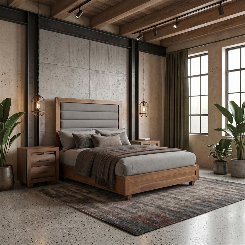 Michael Amini Brooklyn Walk Queen Panel Bed - Gray/Burnt Umber