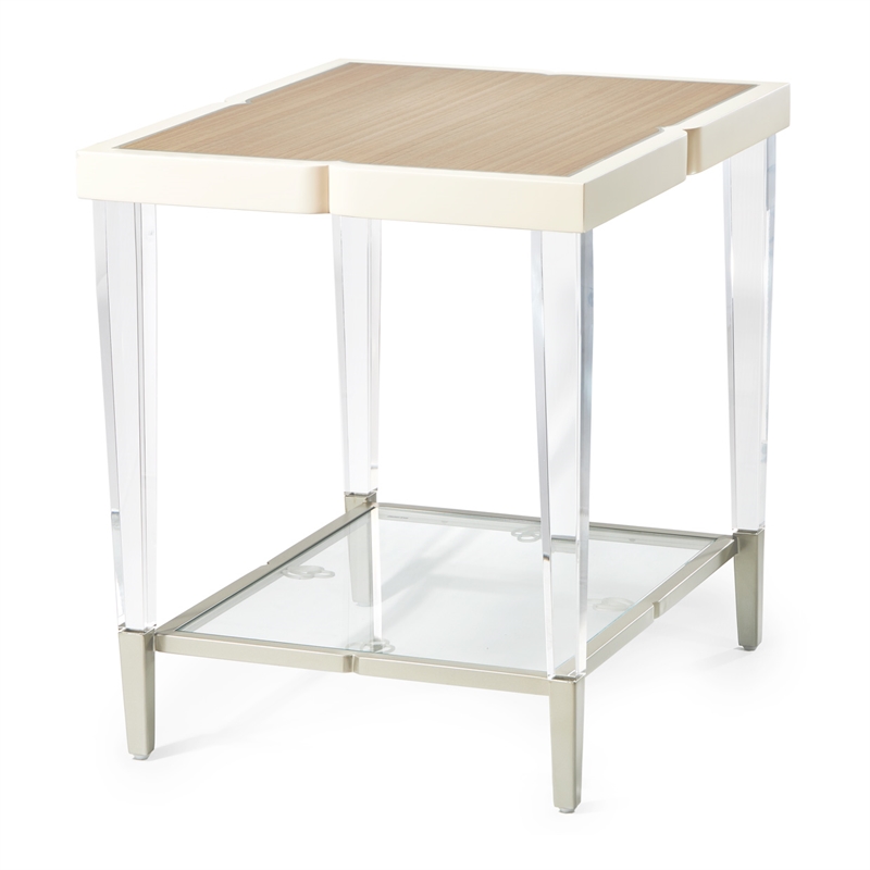 Michael Amini Camden Court Wood & Glass End Table in Ivory Pearl & Taupe