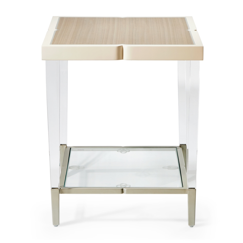 Michael Amini Camden Court Wood & Glass End Table in Ivory Pearl & Taupe
