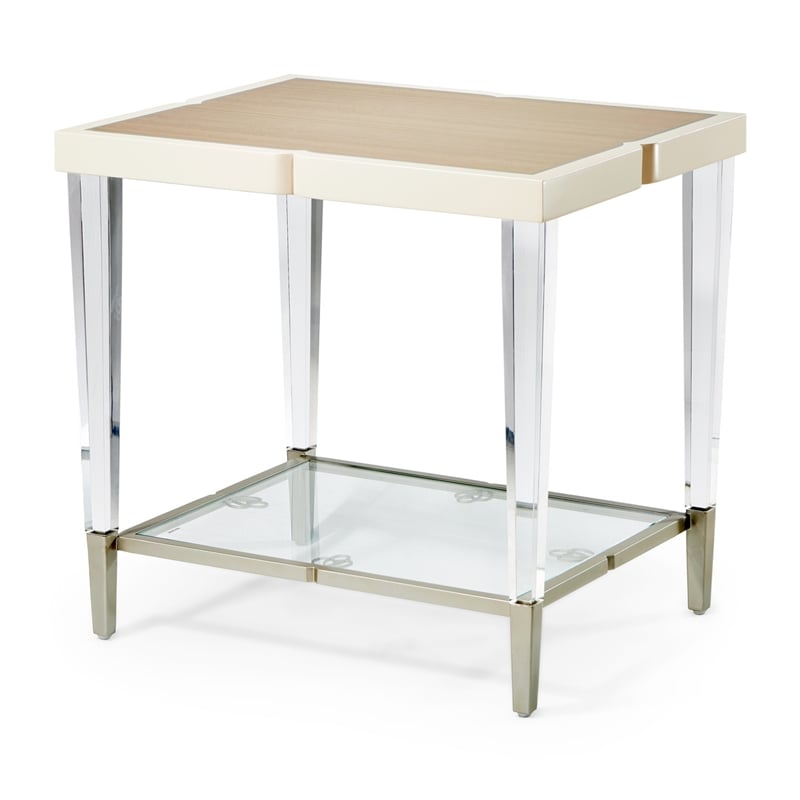 Michael Amini Camden Court Wood & Glass End Table in Ivory Pearl & Taupe