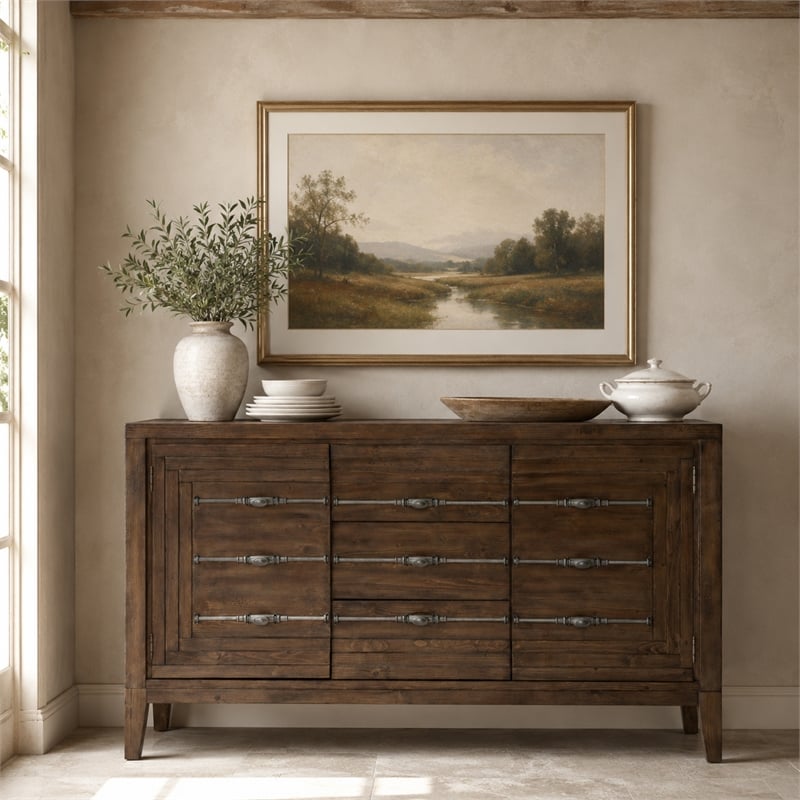 Michael Amini Carrollton Spruce Solids Wood Sideboard in Rustic Ranch Brown