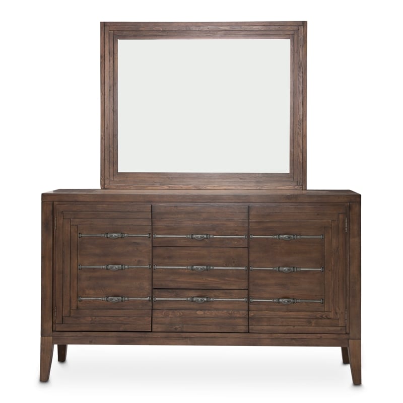 Michael Amini Carrollton Wood & Glass Sideboard w/ Mirror in Rustic Ranch Brown