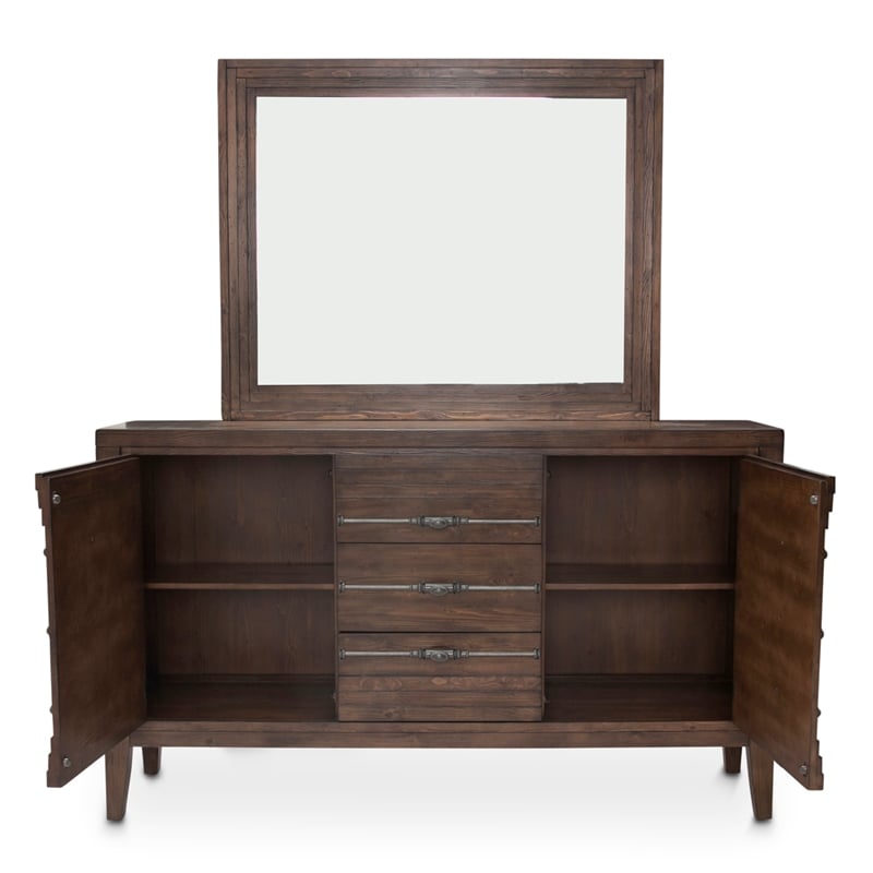 Michael Amini Carrollton Wood & Glass Sideboard w/ Mirror in Rustic Ranch Brown