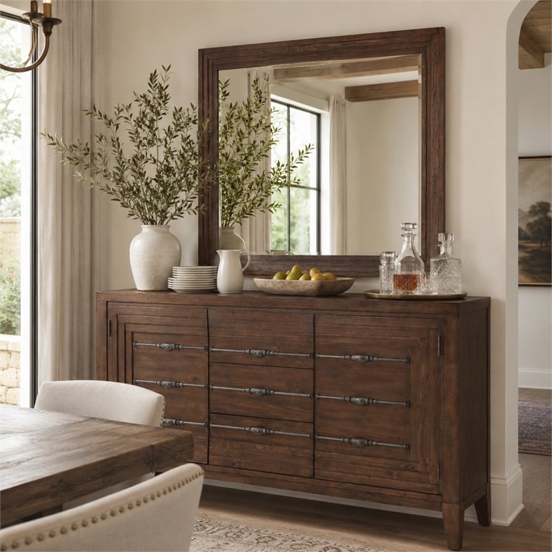 Michael Amini Carrollton Wood & Glass Sideboard w/ Mirror in Rustic Ranch Brown
