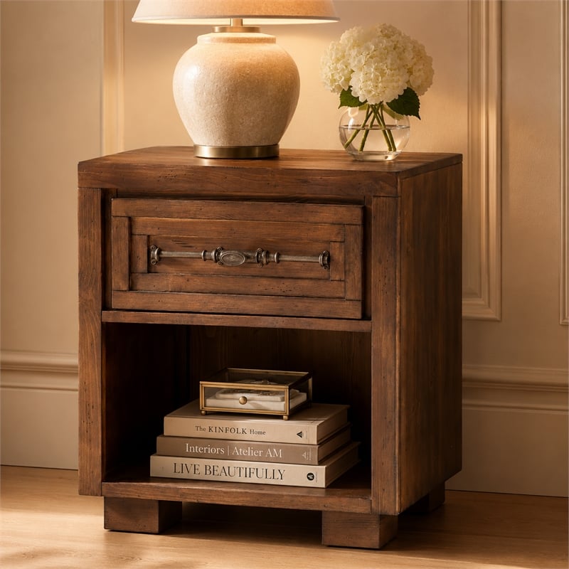 Michael Amini Carrollton 1-Drawer Wood Nightstand in Rustic Ranch Brown
