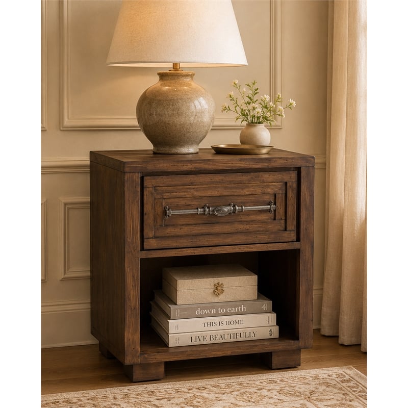 Michael Amini Carrollton 1-Drawer Wood Nightstand in Rustic Ranch Brown
