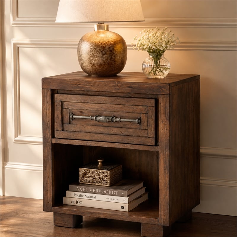 Michael Amini Carrollton 1-Drawer Wood Nightstand in Rustic Ranch Brown