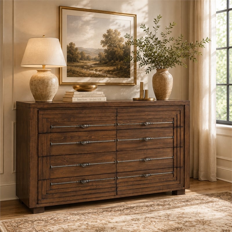 Michael Amini Carrollton Spruce Solids Wood Dresser in Rustic Ranch Brown