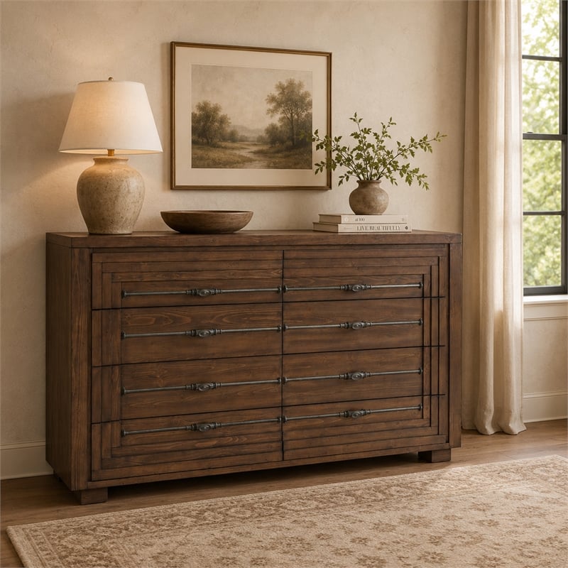 Michael Amini Carrollton Spruce Solids Wood Dresser in Rustic Ranch Brown