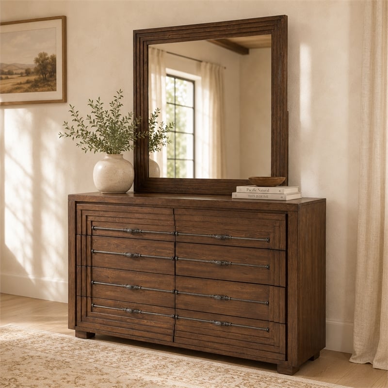 Michael Amini Carrollton Wood Dresser with Mirror in Rustic Brown