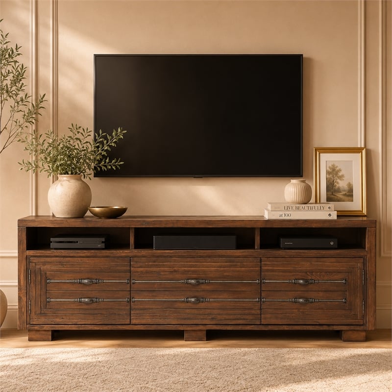 Michael Amini Carrollton Wood TV Console in Rustic Ranch Brown