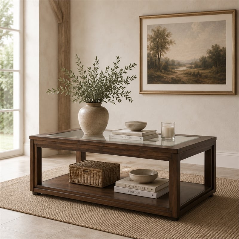 Michael Amini Carrollton Rectangular Wood & Glass Coffee Table in Rustic Brown