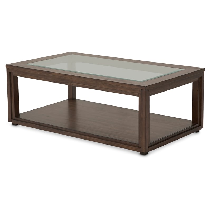 Michael Amini Carrollton Rectangular Wood & Glass Coffee Table in Rustic Brown