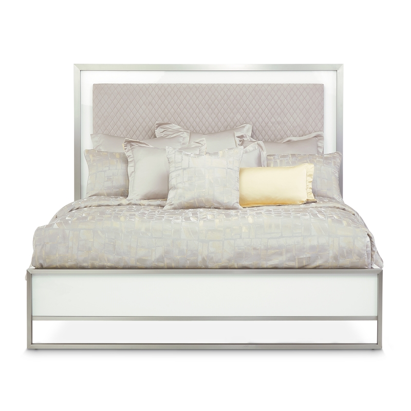 Marquee Modern Eastern King Panel Bed with LED Lights - Cloud White