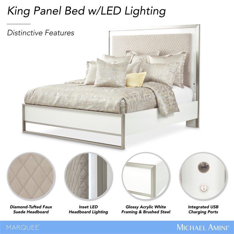 Marquee Modern Eastern King Panel Bed with LED Lights - Cloud White
