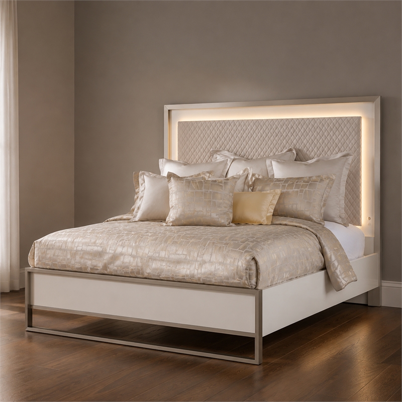 Marquee Modern Queen Panel Bed with LED Lights - Cloud White