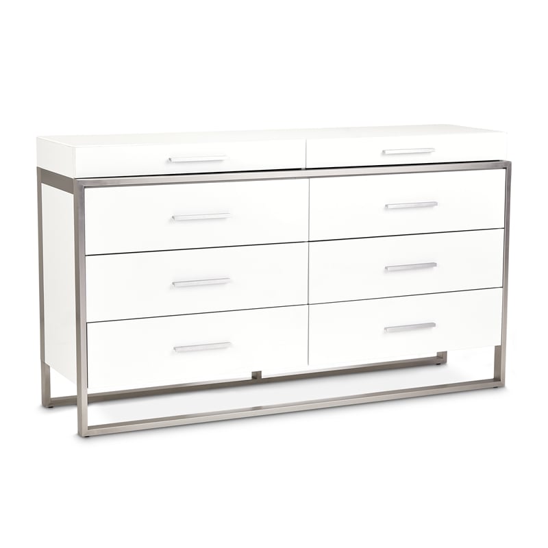 Michael Amini Marquee 8-Drawer Modern Wood and Glass Dresser in Cloud White