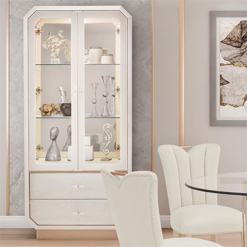 Michael Amini La Rachelle Display Cabinet with LED Lighting - Champagne Ivory