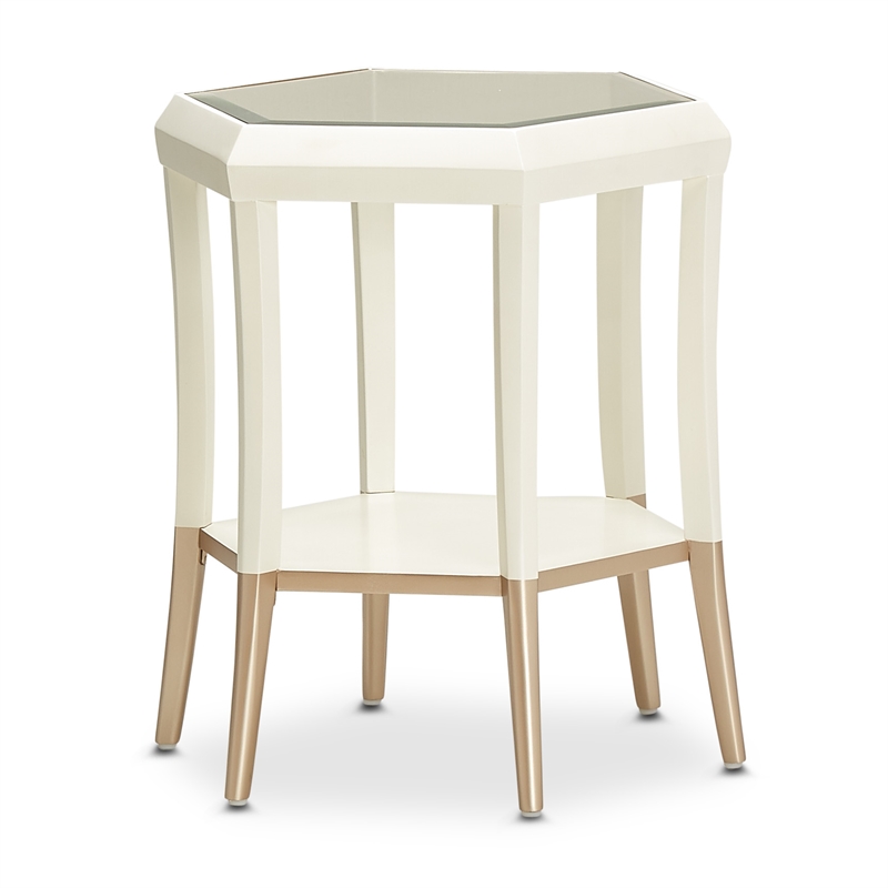 Michael Amini La Rachelle Hexagon Accent Table with Glass Top - Champagne Ivory