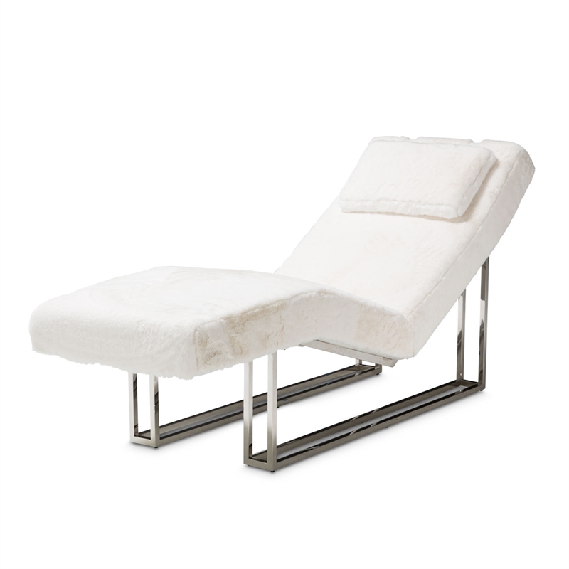 Astro Faux-Fur Chaise Lounge Chair - Moonstone White/Stainless Steel