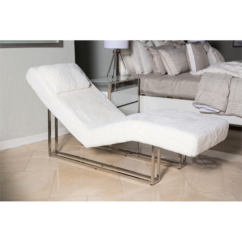 Astro Faux-Fur Chaise Lounge Chair - Moonstone White/Stainless Steel