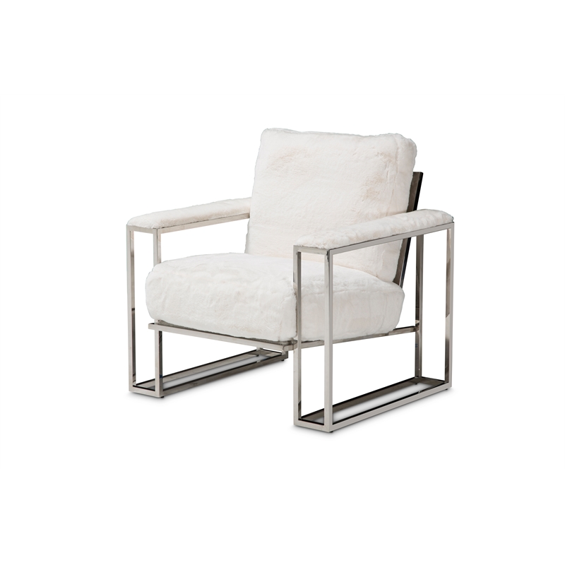 Michael Amini Astro Faux-Fur Accent Chair in Moonstone White/Stainless Steel