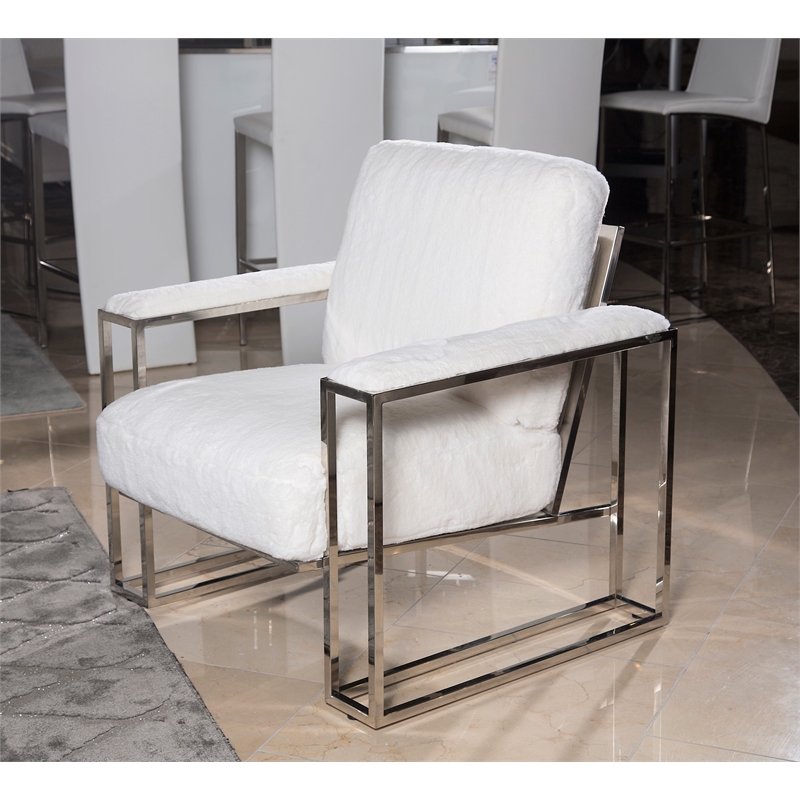 Michael Amini Astro Faux-Fur Accent Chair in Moonstone White/Stainless Steel