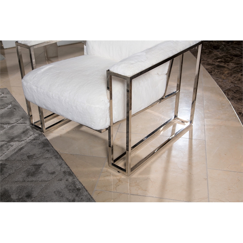 Michael Amini Astro Faux-Fur Accent Chair in Moonstone White/Stainless Steel