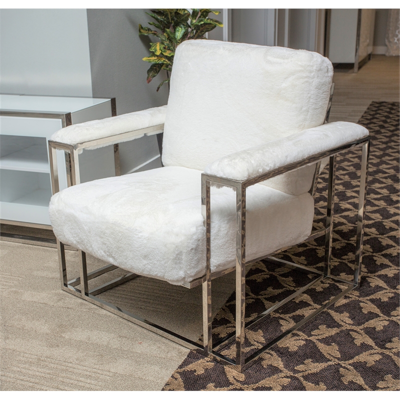 Michael Amini Astro Faux-Fur Accent Chair in Moonstone White/Stainless Steel